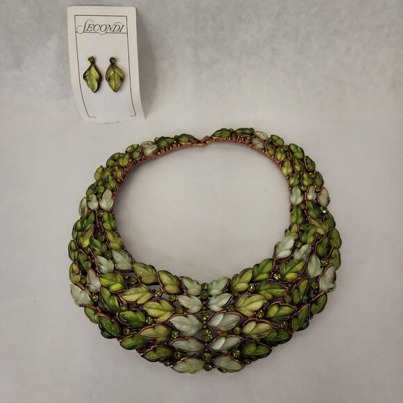 Vintage Copper Lucite Leaves Set Choker Necklace Post Earrings Green Rhinestone - Picture 1 of 16